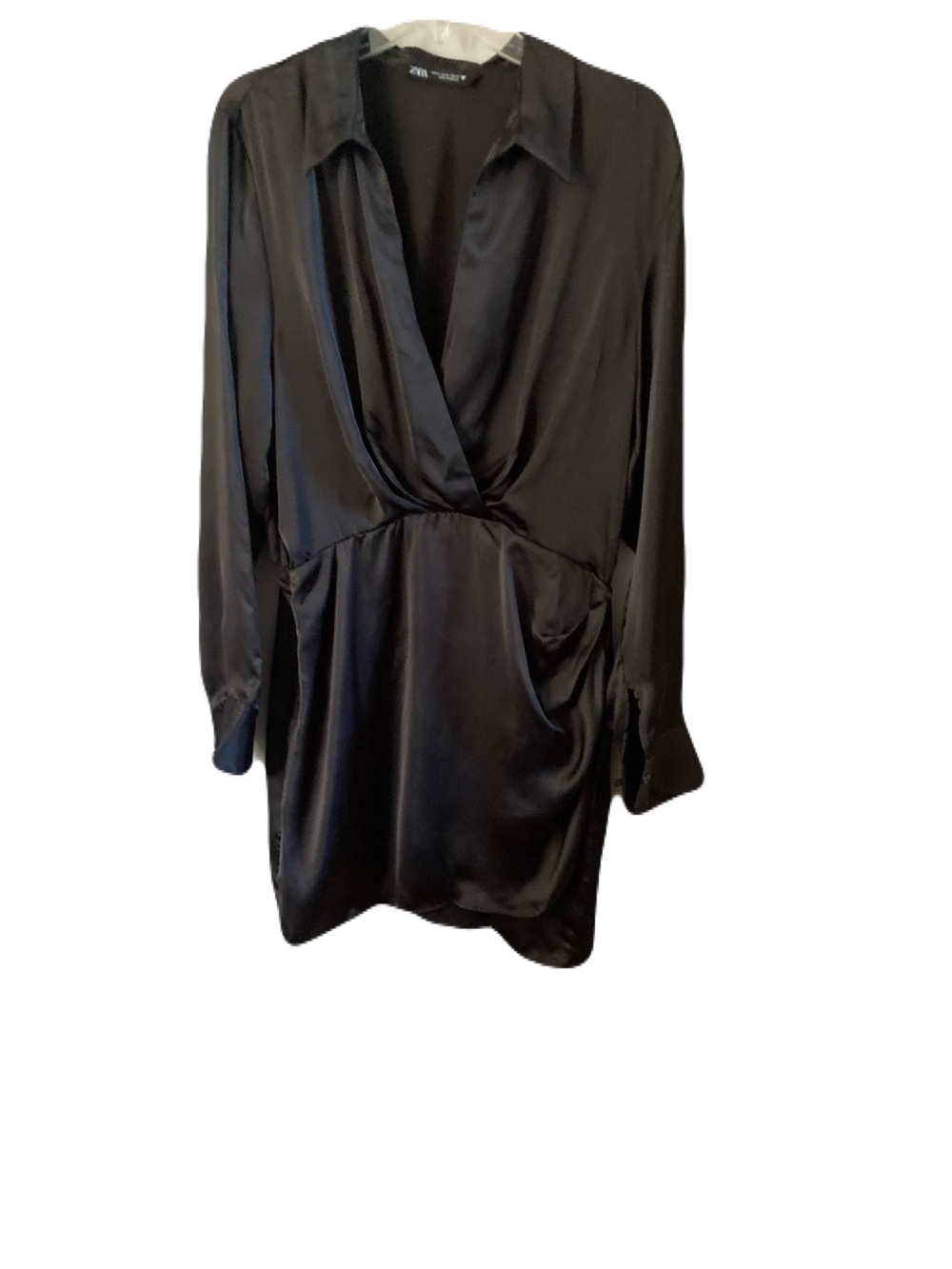 Zara Black Satin Wrap-Front Long Sleeve Blouse